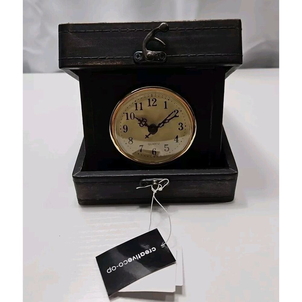 Quartz Creative Co-op Faux Leather Latching Box Classic Vintage Clock 6-1/2 Inch